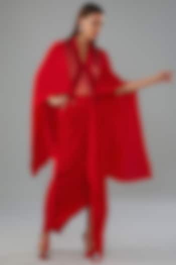 Red Metallic Polymer & Seesha Crepe Skirt Set by Amit Aggarwal at Pernia's Pop Up Shop