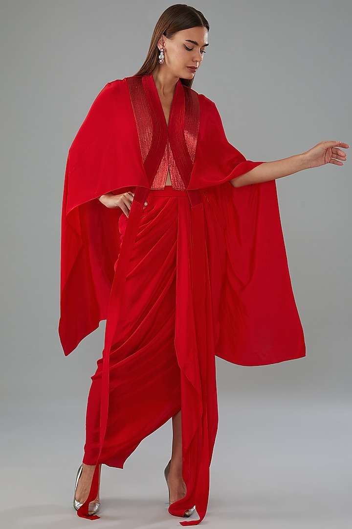 Red Metallic Polymer & Seesha Crepe Skirt Set by Amit Aggarwal at Pernia's Pop Up Shop