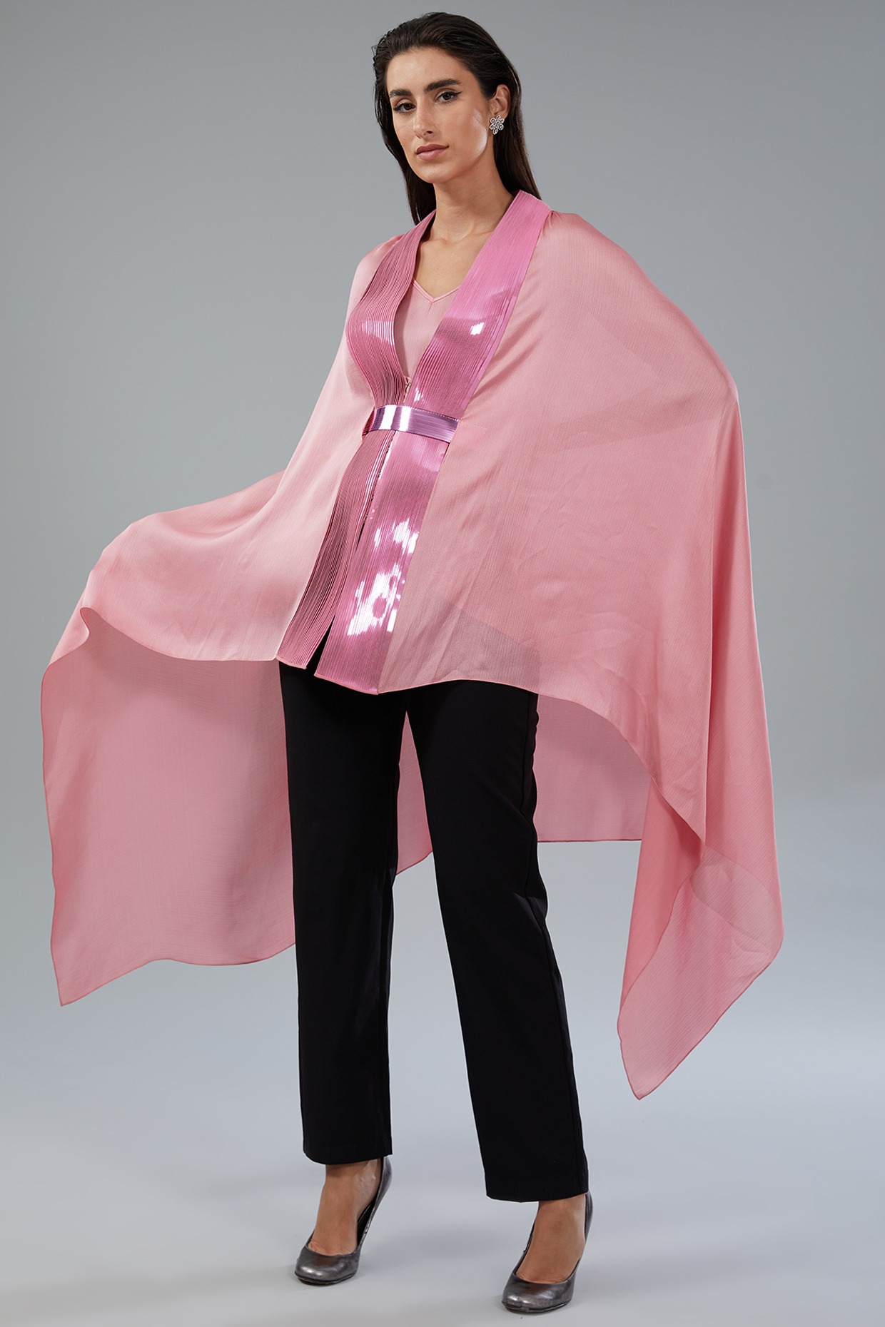 Onion Pink Chiffon Draped Cape With Inner by Amit Aggarwal at Pernia's Pop Up Shop