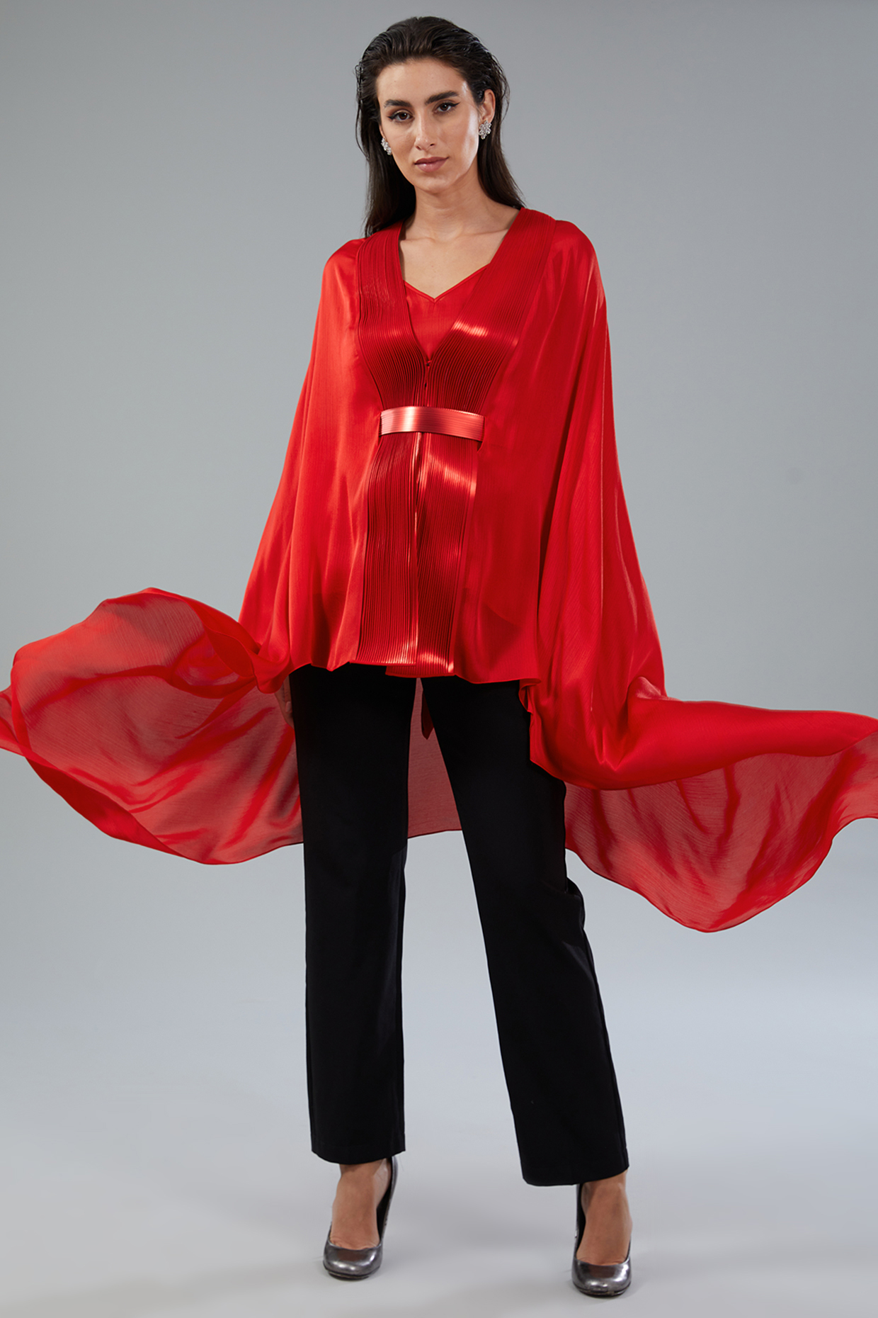 Red Chiffon Draped Cape With Inner by Amit Aggarwal at Pernia's Pop Up Shop