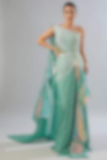 Blue Metallic Organza Draped Wedding Gown by Amit Aggarwal at Pernia's Pop Up Shop