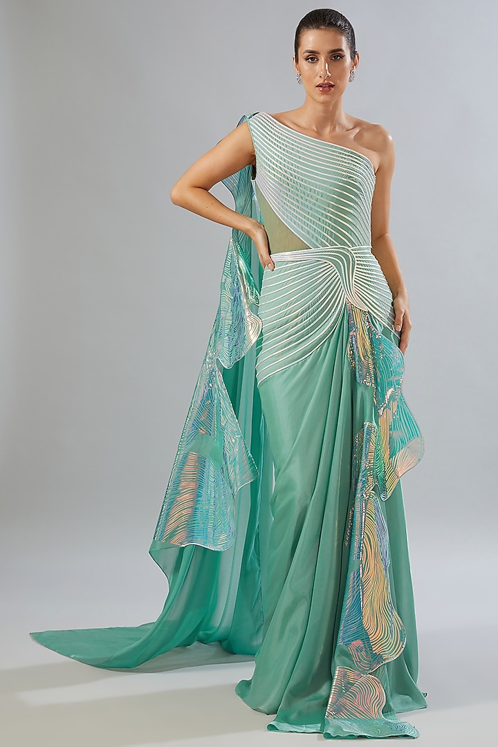 Blue Metallic Organza Draped Wedding Gown by Amit Aggarwal at Pernia's Pop Up Shop