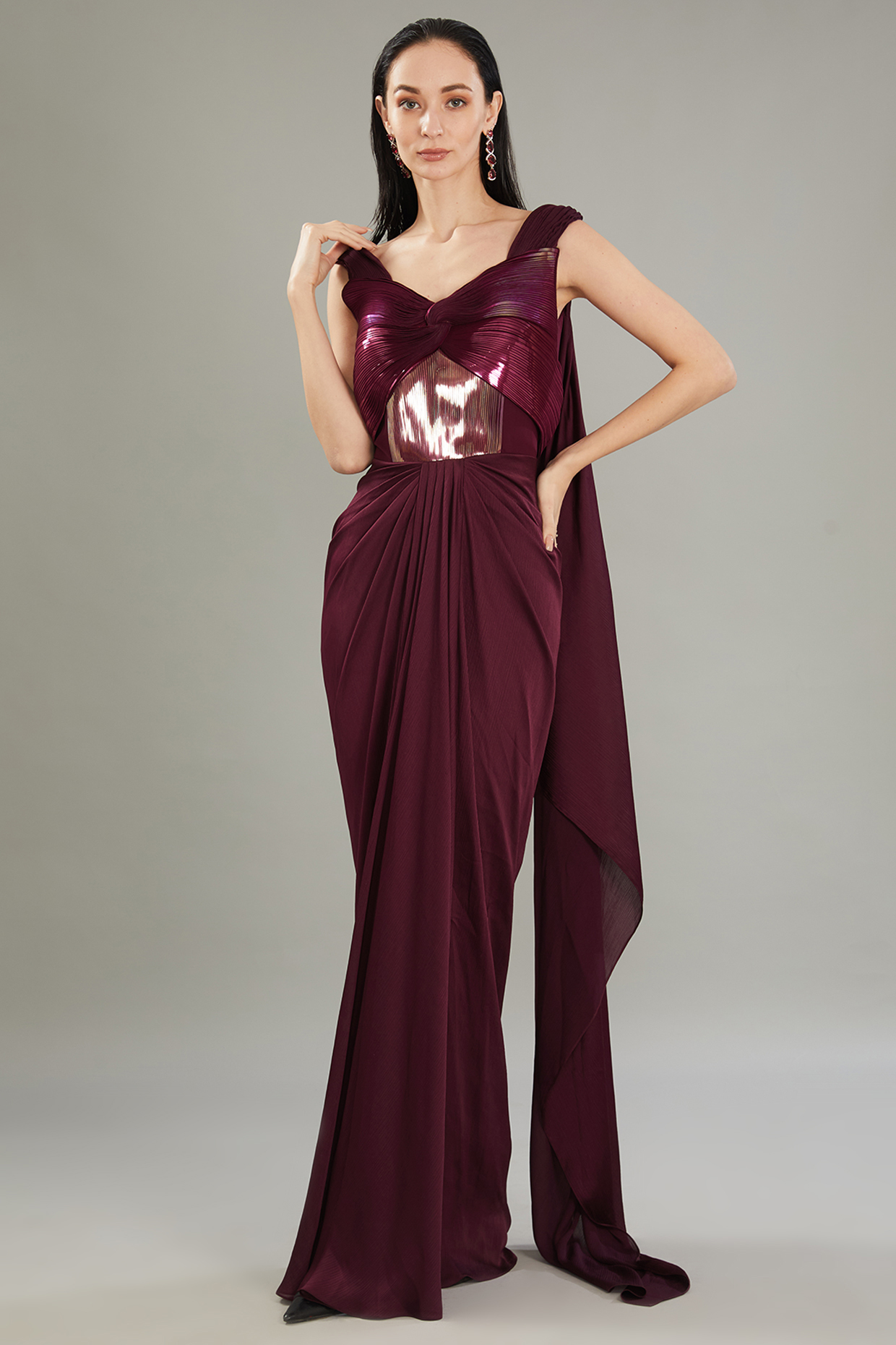 Plum Metallic Polymer & Chiffon Wedding Gown by Amit Aggarwal at Pernia's Pop Up Shop