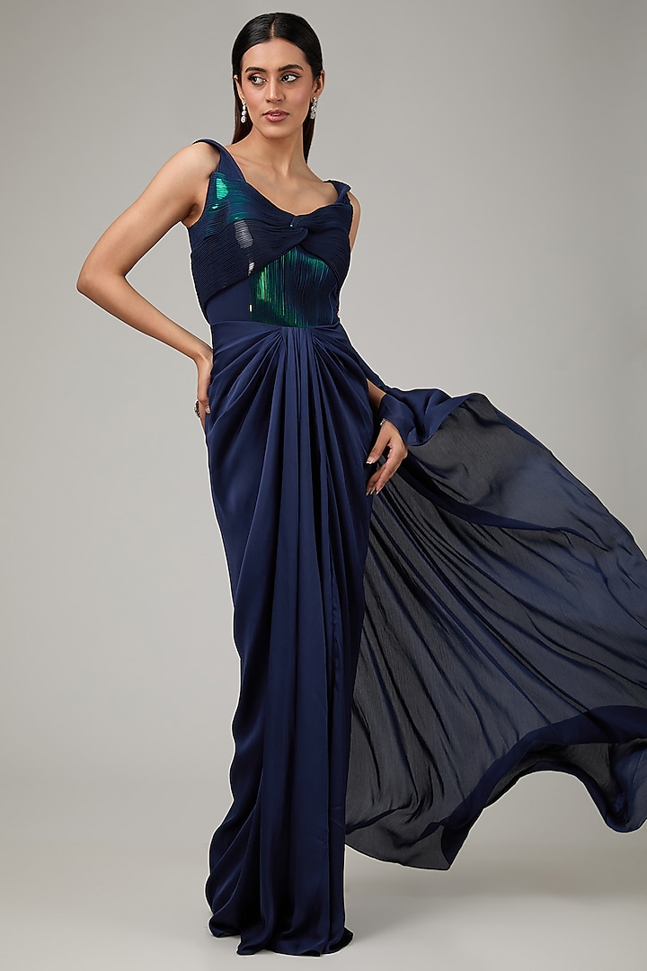 Blue Crepe Chiffon & Metallic Polymer Draped Gown Saree by Amit Aggarwal