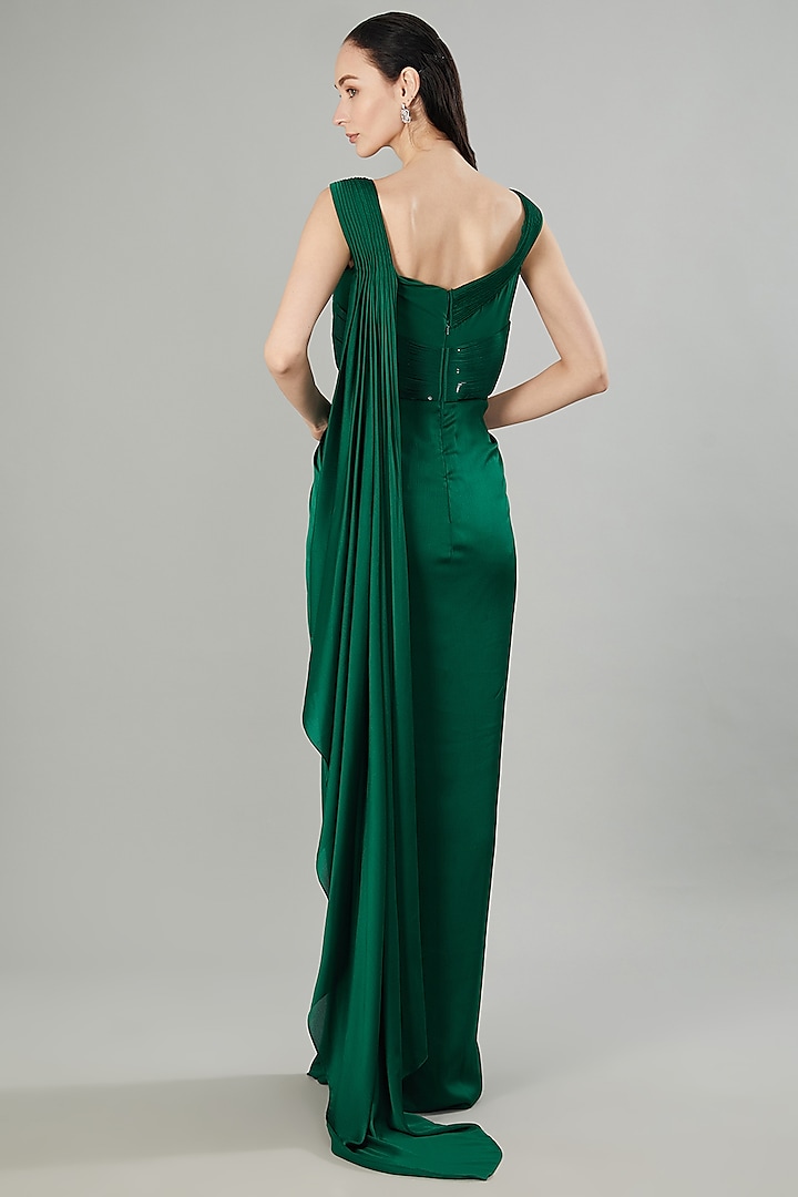 Emerald Green Crepe Chiffon & Metallic Polymer Draped Reception Gown Saree by Amit Aggarwal at Pernia's Pop Up Shop