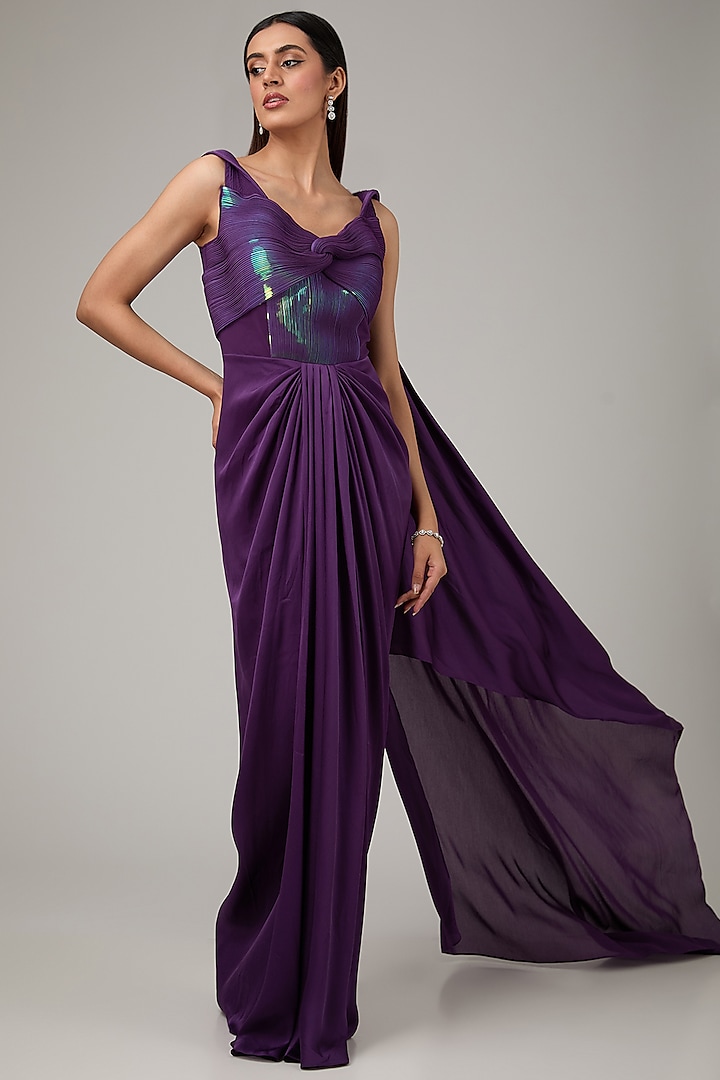 Purple Crepe Chiffon & Metallic Polymer Draped Gown Saree by Amit Aggarwal