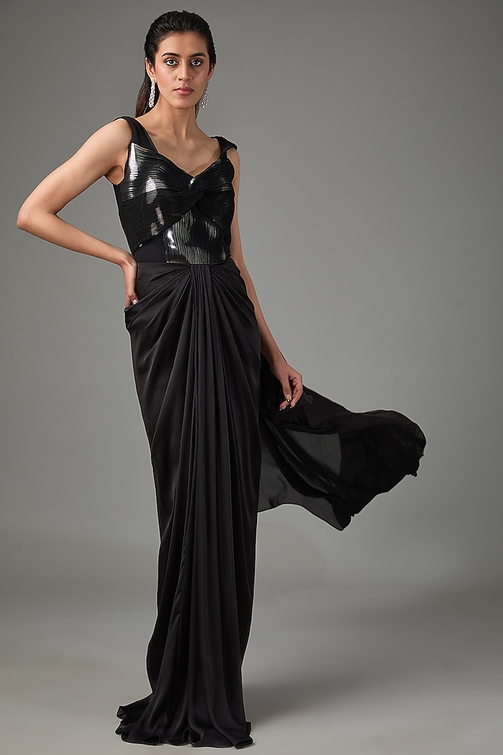 Black Draped Metallic Polymer & Crepe Chiffon Wedding Gown by Amit Aggarwal at Pernia's Pop Up Shop