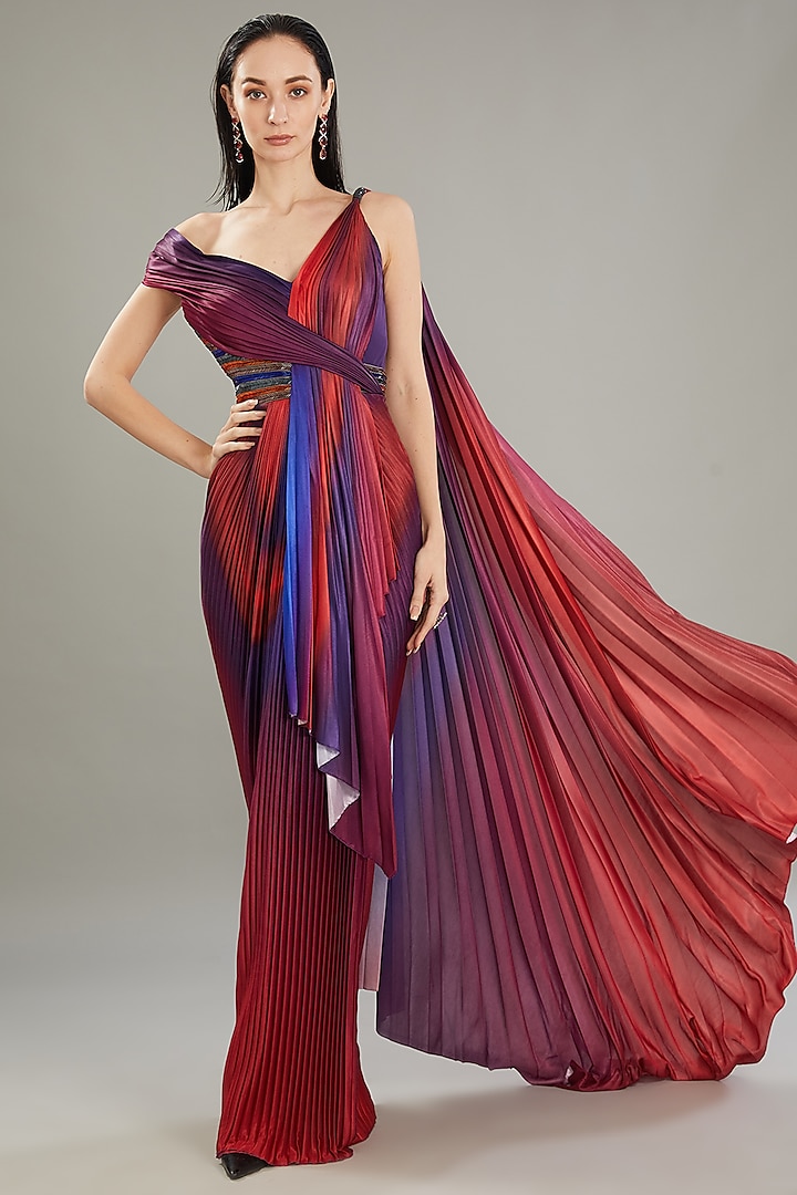 Red & Blue Metallic Polymer Wedding Gown by Amit Aggarwal at Pernia's Pop Up Shop