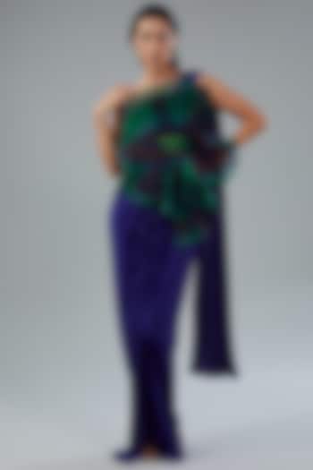 Royal Blue Metallic Polymer & Chiffon Draped Wedding Gown by Amit Aggarwal at Pernia's Pop Up Shop