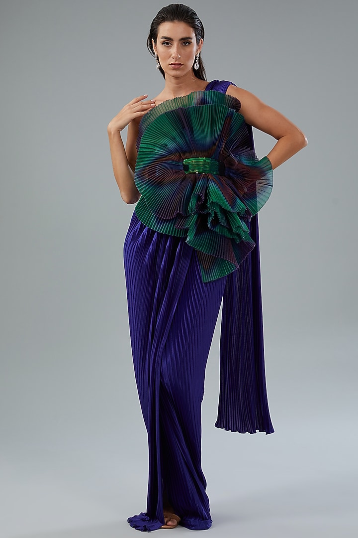 Royal Blue Metallic Polymer & Chiffon Draped Wedding Gown by Amit Aggarwal at Pernia's Pop Up Shop