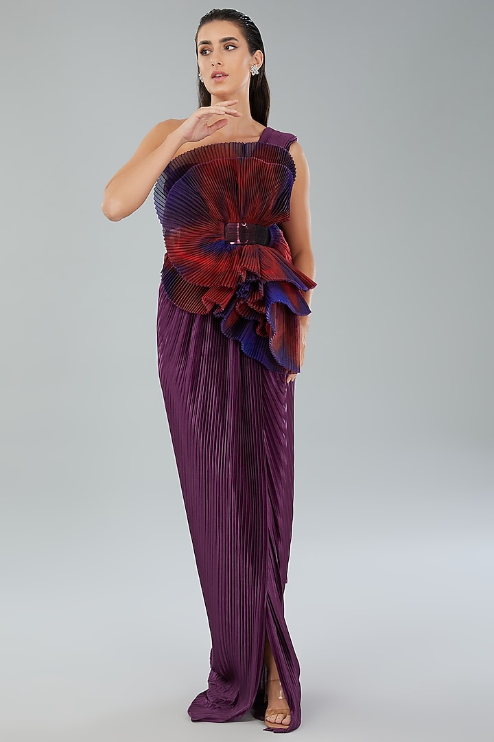 Plum Metallic Polymer & Chiffon Wedding Gown by Amit Aggarwal at Pernia's Pop Up Shop