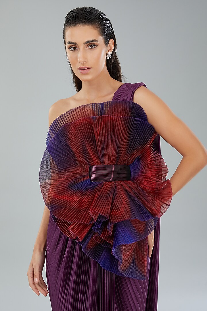 Plum Metallic Polymer & Chiffon Wedding Gown by Amit Aggarwal at Pernia's Pop Up Shop