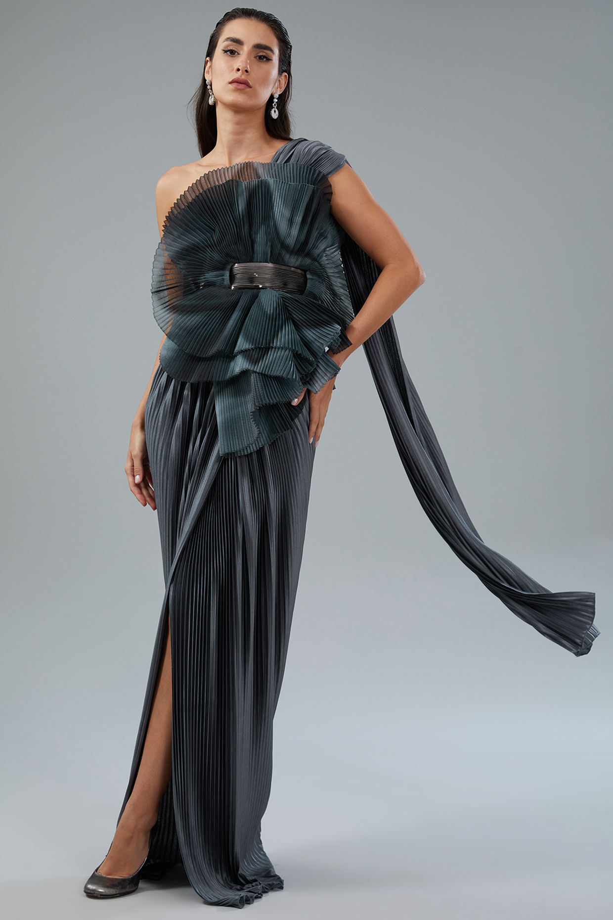 Grey Metallic Polymer & Chiffon Draped Wedding Gown by Amit Aggarwal at Pernia's Pop Up Shop