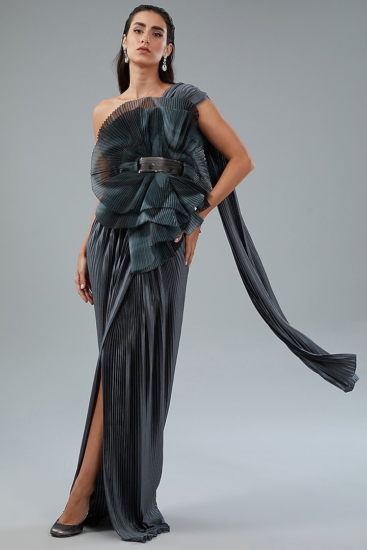 Grey Metallic Polymer & Chiffon Draped Wedding Gown by Amit Aggarwal at Pernia's Pop Up Shop