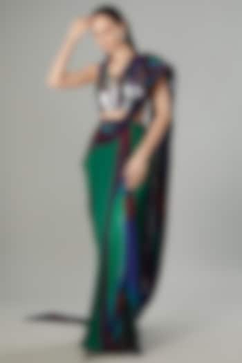 Green & Teal Crepe Chiffon & Metallic Polymer Draped Reception Saree by Amit Aggarwal at Pernia's Pop Up Shop