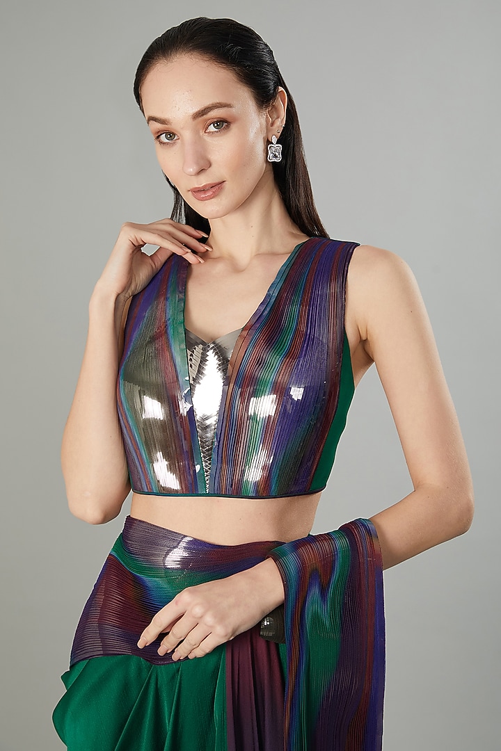 Green & Teal Crepe Chiffon & Metallic Polymer Draped Reception Saree by Amit Aggarwal at Pernia's Pop Up Shop