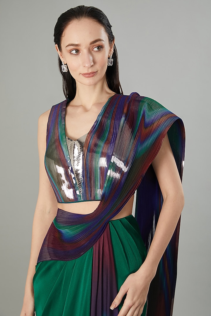 Green & Teal Crepe Chiffon & Metallic Polymer Draped Reception Saree by Amit Aggarwal at Pernia's Pop Up Shop