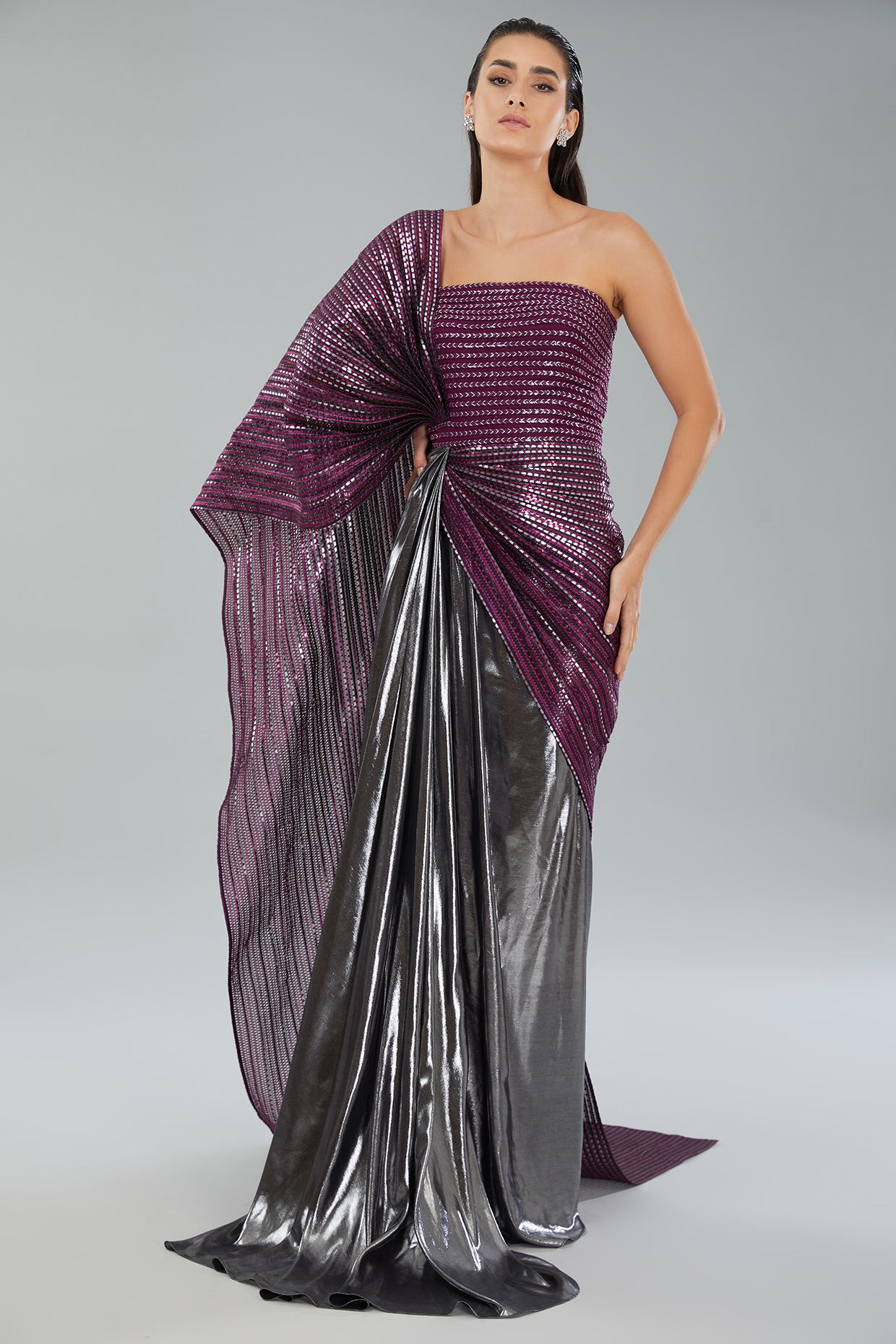 Plum Metallic Polymer & Chiffon Wedding Gown by Amit Aggarwal at Pernia's Pop Up Shop