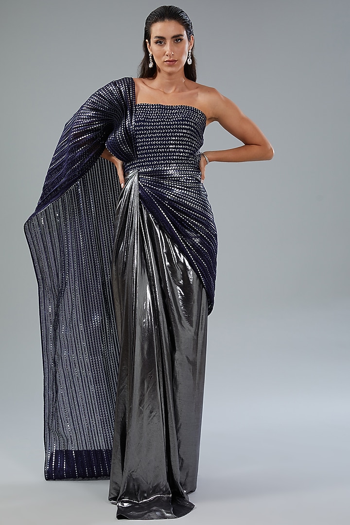 Navy Blue Silver Metallic Polymer & Chiffon Draped Wedding Gown by Amit Aggarwal at Pernia's Pop Up Shop