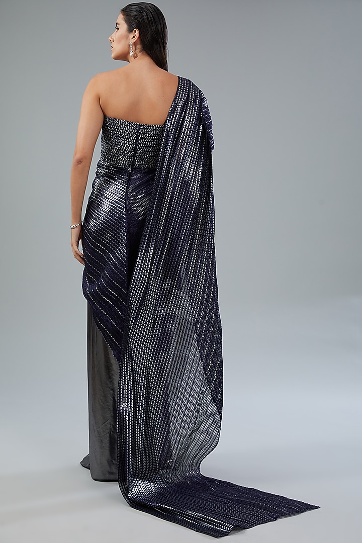 Navy Blue Silver Metallic Polymer & Chiffon Draped Wedding Gown by Amit Aggarwal at Pernia's Pop Up Shop