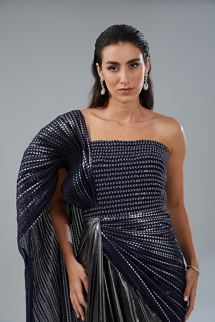 Navy Blue Silver Metallic Polymer & Chiffon Draped Wedding Gown by Amit Aggarwal at Pernia's Pop Up Shop