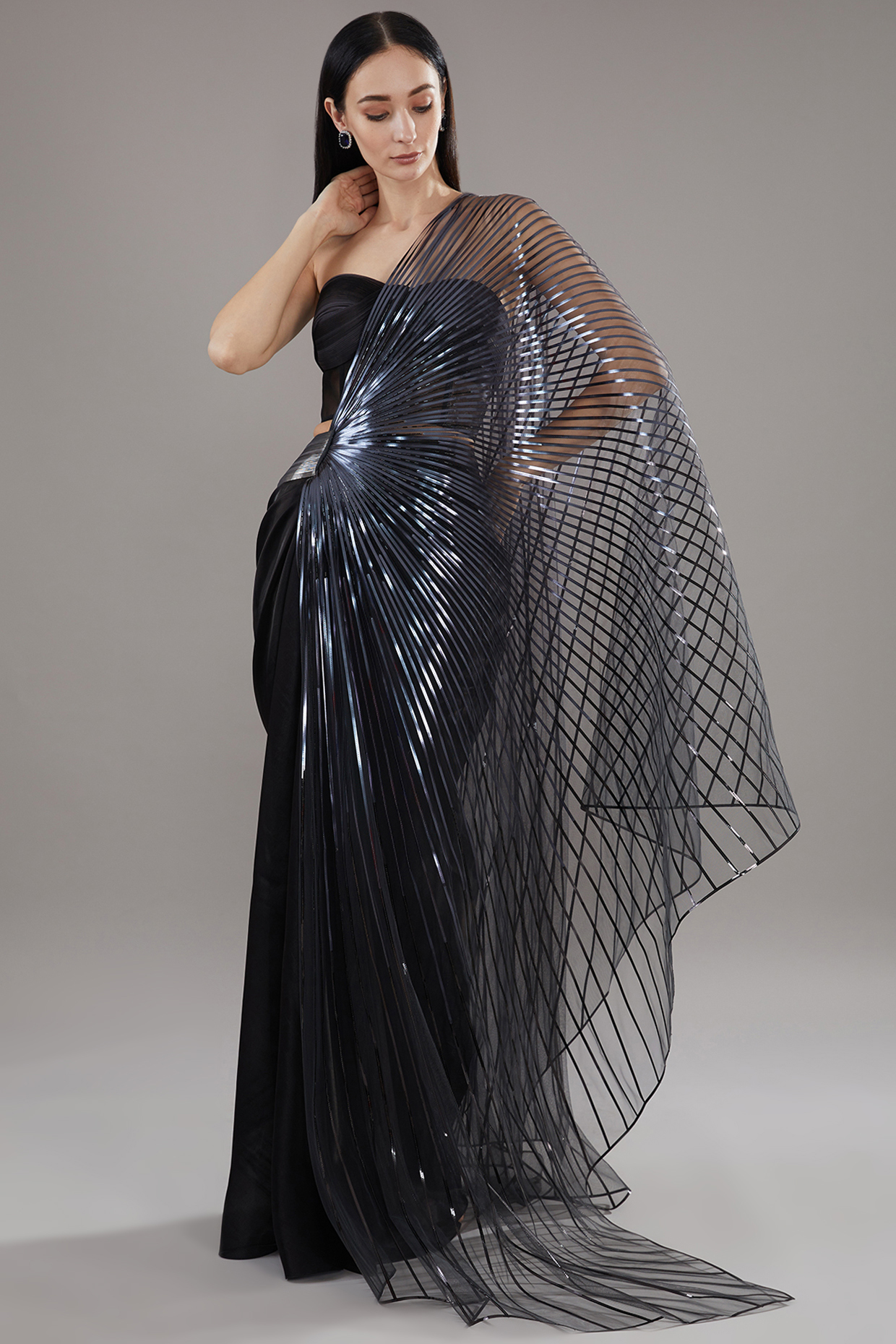 Black Metallic Polymer & Chiffon Draped Skirt Set by Amit Aggarwal at  Pernia's Pop Up Shop