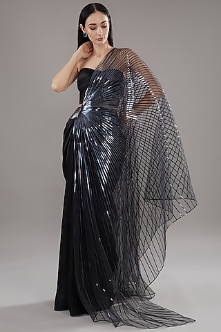 Black Metallic Polymer & Chiffon Draped Skirt Set by Amit Aggarwal