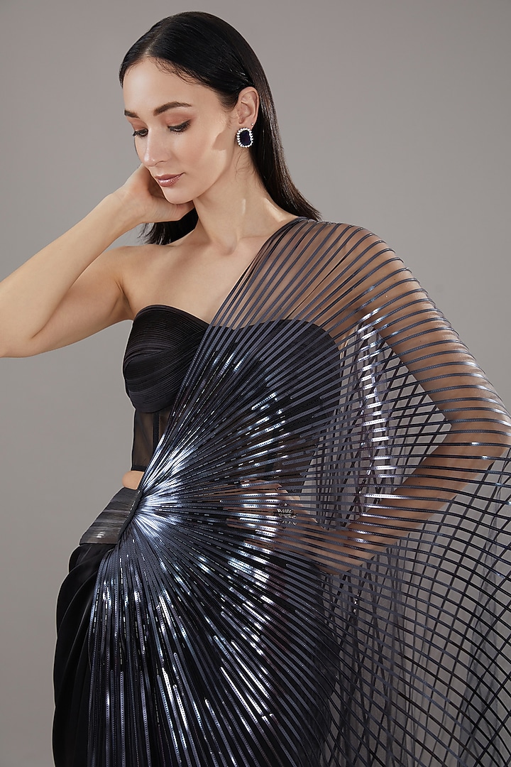 Black Metallic Polymer & Chiffon Draped Skirt Set by Amit Aggarwal at Pernia's Pop Up Shop