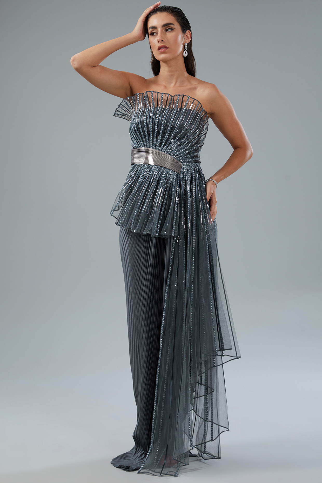 Grey Metallic Polymer Wedding Gown by Amit Aggarwal at Pernia's Pop Up Shop