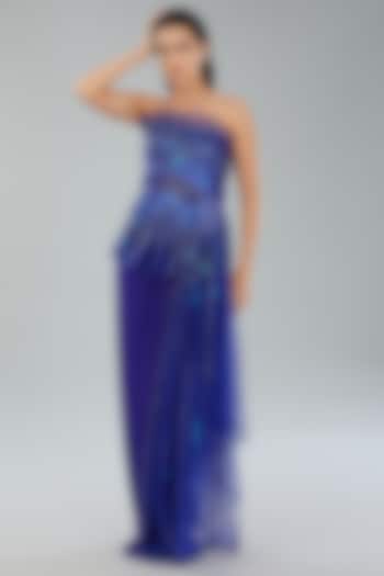Royal Blue Metallic Polymer & Chiffon Wedding Gown by Amit Aggarwal at Pernia's Pop Up Shop