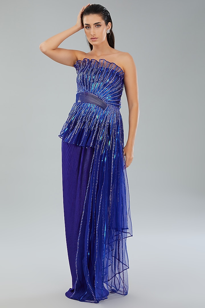 Royal Blue Metallic Polymer & Chiffon Wedding Gown by Amit Aggarwal at Pernia's Pop Up Shop