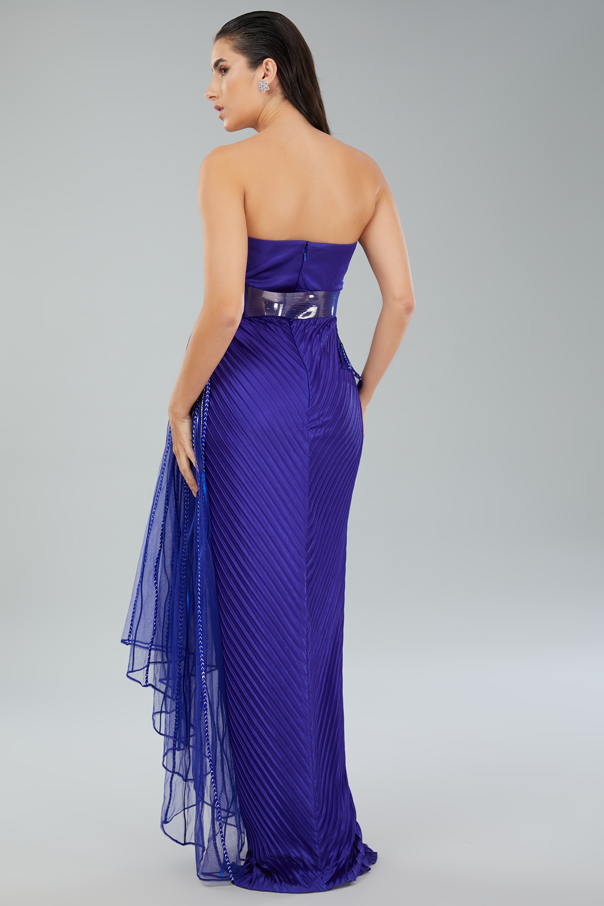 Sheer V-Neck Royal Blue Lace Prom Dress - PromGirl