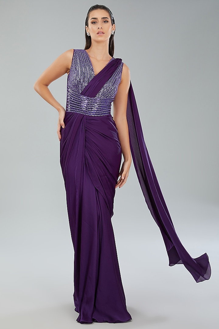 Purple Metallic Polymer & Chiffon Draped Gown Saree by Amit Aggarwal