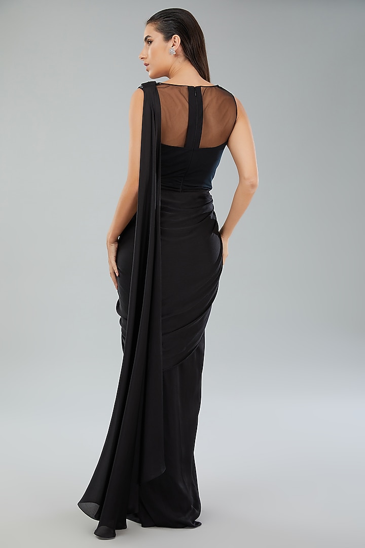 Black Metallic Polymer & Chiffon Draped Reception Gown Saree by Amit Aggarwal at Pernia's Pop Up Shop