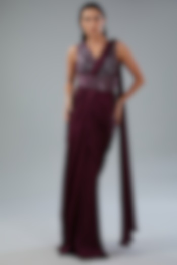Plum Metallic Polymer & Chiffon Draped Reception Gown Saree by Amit Aggarwal at Pernia's Pop Up Shop