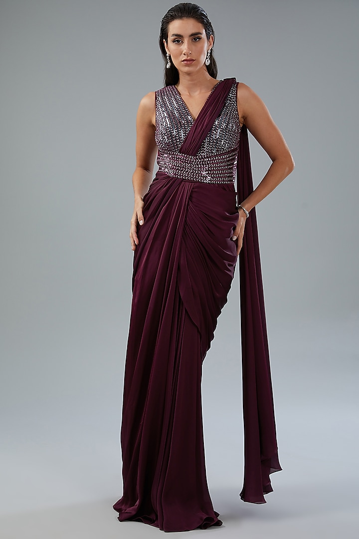 Plum Metallic Polymer & Chiffon Draped Reception Gown Saree by Amit Aggarwal at Pernia's Pop Up Shop