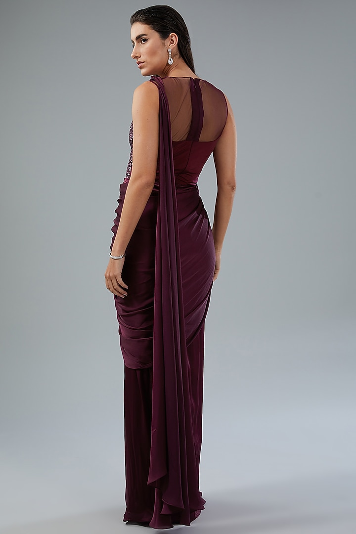 Plum Metallic Polymer & Chiffon Draped Reception Gown Saree by Amit Aggarwal at Pernia's Pop Up Shop