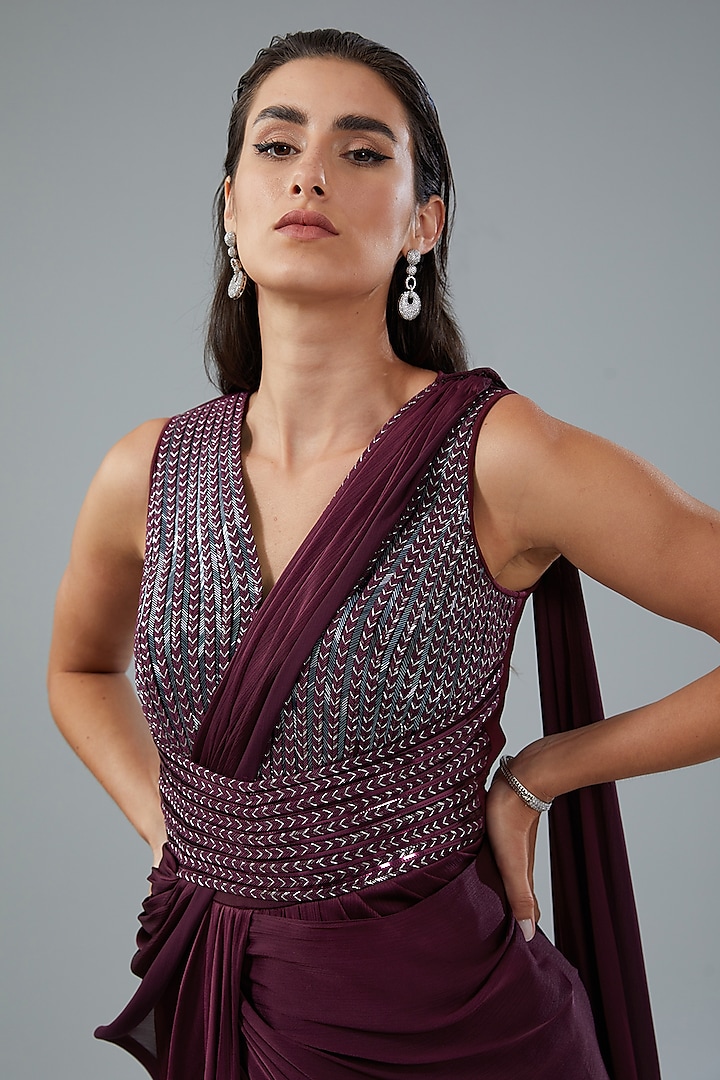 Plum Metallic Polymer & Chiffon Draped Reception Gown Saree by Amit Aggarwal at Pernia's Pop Up Shop