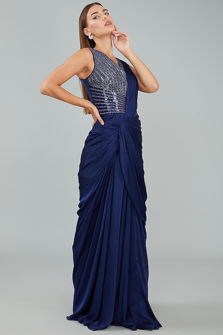 Ink Blue Metallic Polymer Wedding Gown by Amit Aggarwal at Pernia's Pop Up Shop