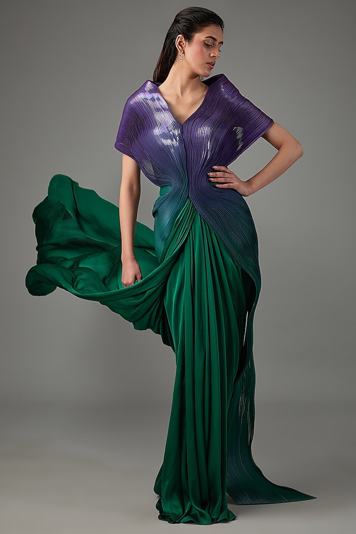 Emerald Metallic Polymer & Crepe Chiffon Wedding Gown by Amit Aggarwal at Pernia's Pop Up Shop