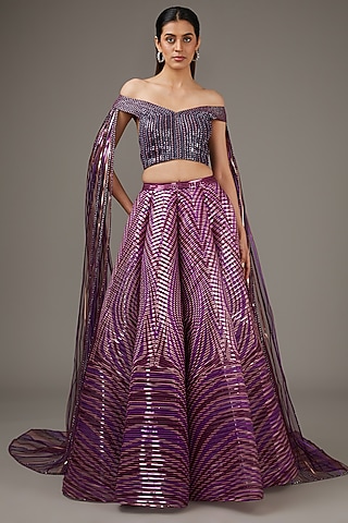 Plum Metallic Polymer Lehenga Set by Amit Aggarwal