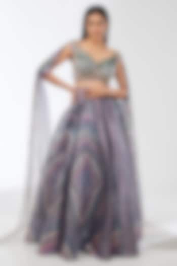 Multi-Colored Metallic Stripe Draped Bridal Lehenga Set by Amit Aggarwal at Pernia's Pop Up Shop