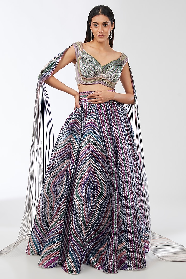 Multi-Colored Metallic Stripe Draped Bridal Lehenga Set by Amit Aggarwal at Pernia's Pop Up Shop