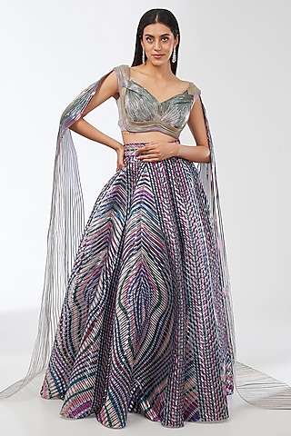 Multi-Colored Metallic Stripe Draped Lehenga Set by Amit Aggarwal