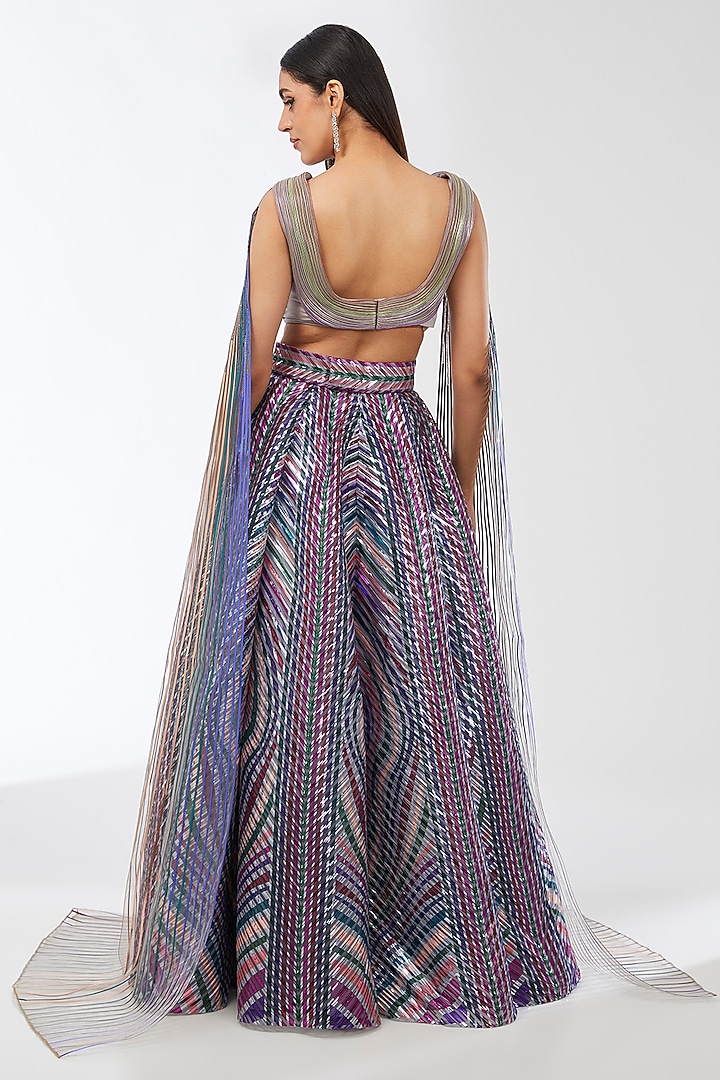 Multi-Colored Metallic Stripe Draped Bridal Lehenga Set by Amit Aggarwal at Pernia's Pop Up Shop