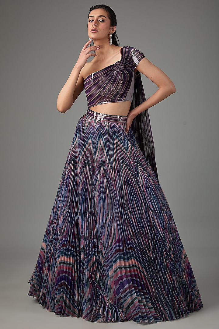 Multi-Colored Metallic Polymer & Crepe Chiffon Bridal Lehenga Set by Amit Aggarwal at Pernia's Pop Up Shop