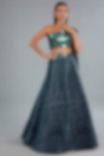 Ink Blue Metallic Polymer & Chiffon Bridal Lehenga Set by Amit Aggarwal at Pernia's Pop Up Shop