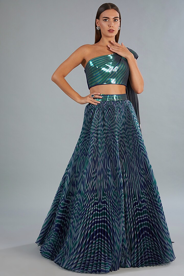 Ink Blue Metallic Polymer & Chiffon Bridal Lehenga Set by Amit Aggarwal at Pernia's Pop Up Shop
