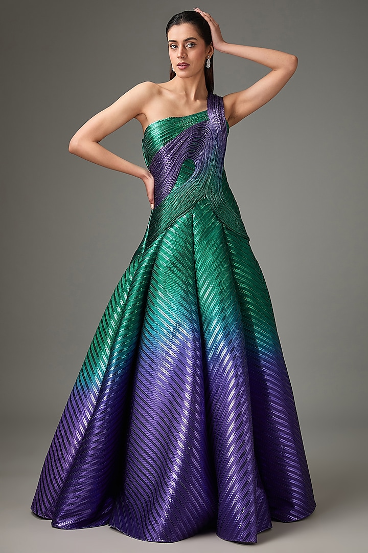 Emerald-Purple Metallic Striper Bridal Gown by Amit Aggarwal at Pernia's Pop Up Shop