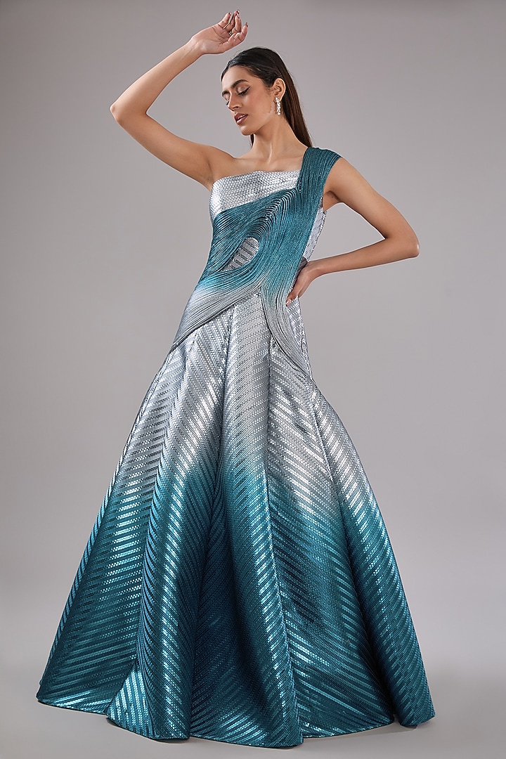 Grey & Teal Metallic Polymer Bridal Gown by Amit Aggarwal at Pernia's Pop Up Shop